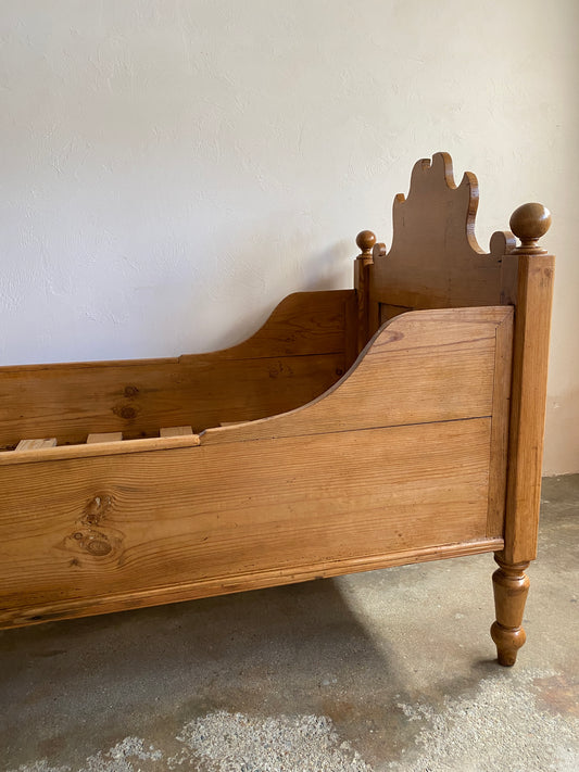 Antique Pine Sleigh Bed with Carved Crests c. 1900